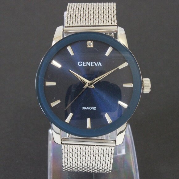 Geneva Men's Dress Watch Diamond At 12 Blue Dial Milanese Bracelet 42mm - Picture 3 of 13